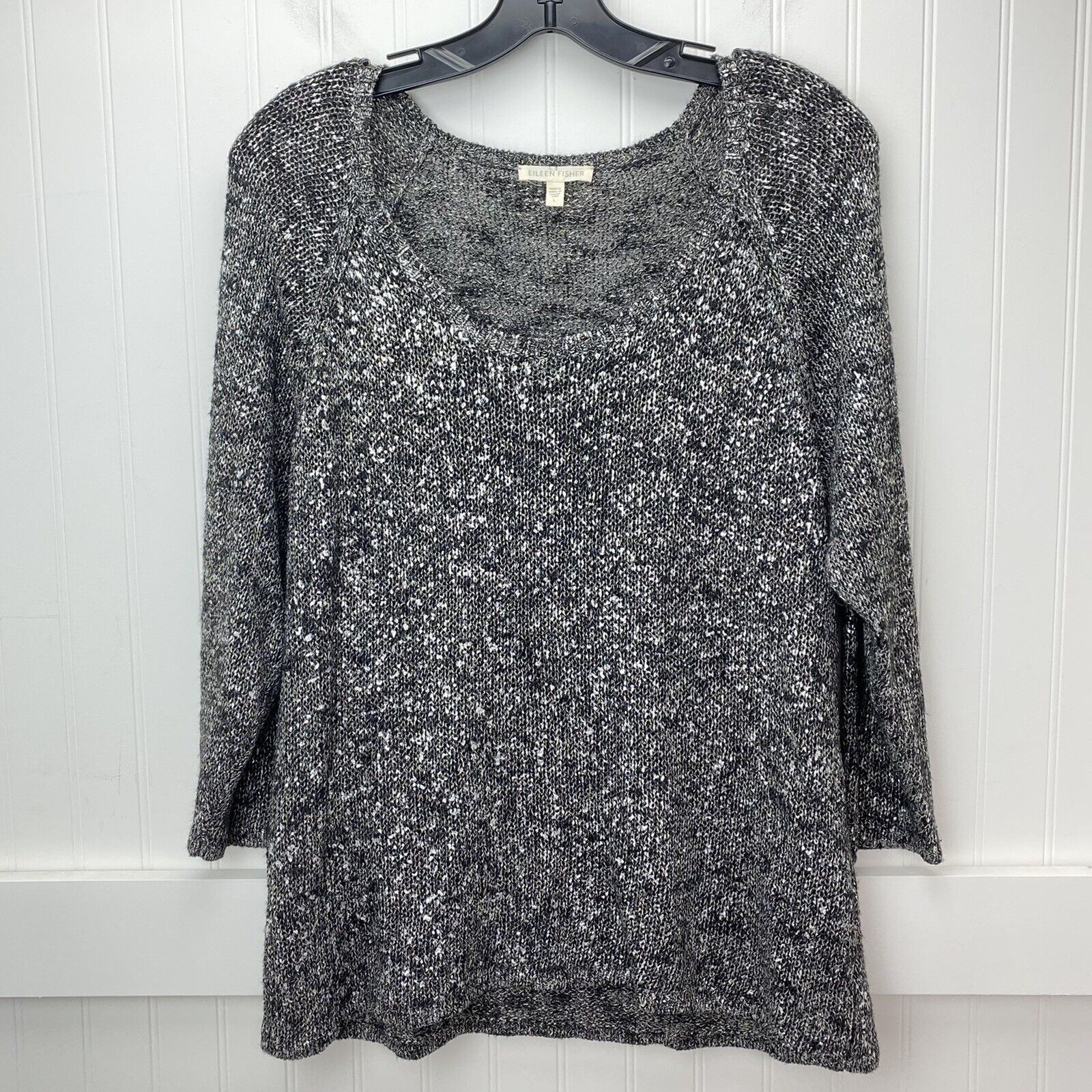 Eileen Fisher Sweater Open Knit Sz Large Gray/Silver Metallic Linen Blend